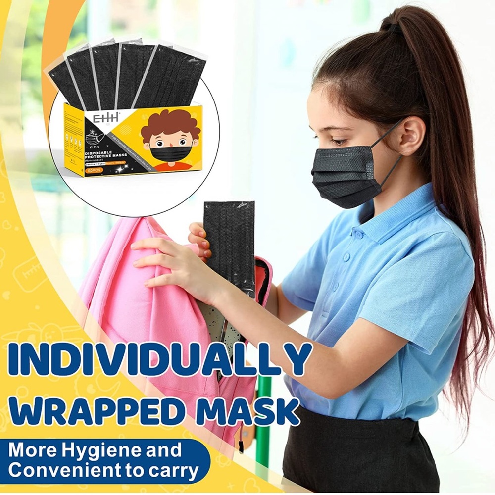 Kids Face Mask, Individually Wrapped Black Disposable Face Masks  - 50Pcs